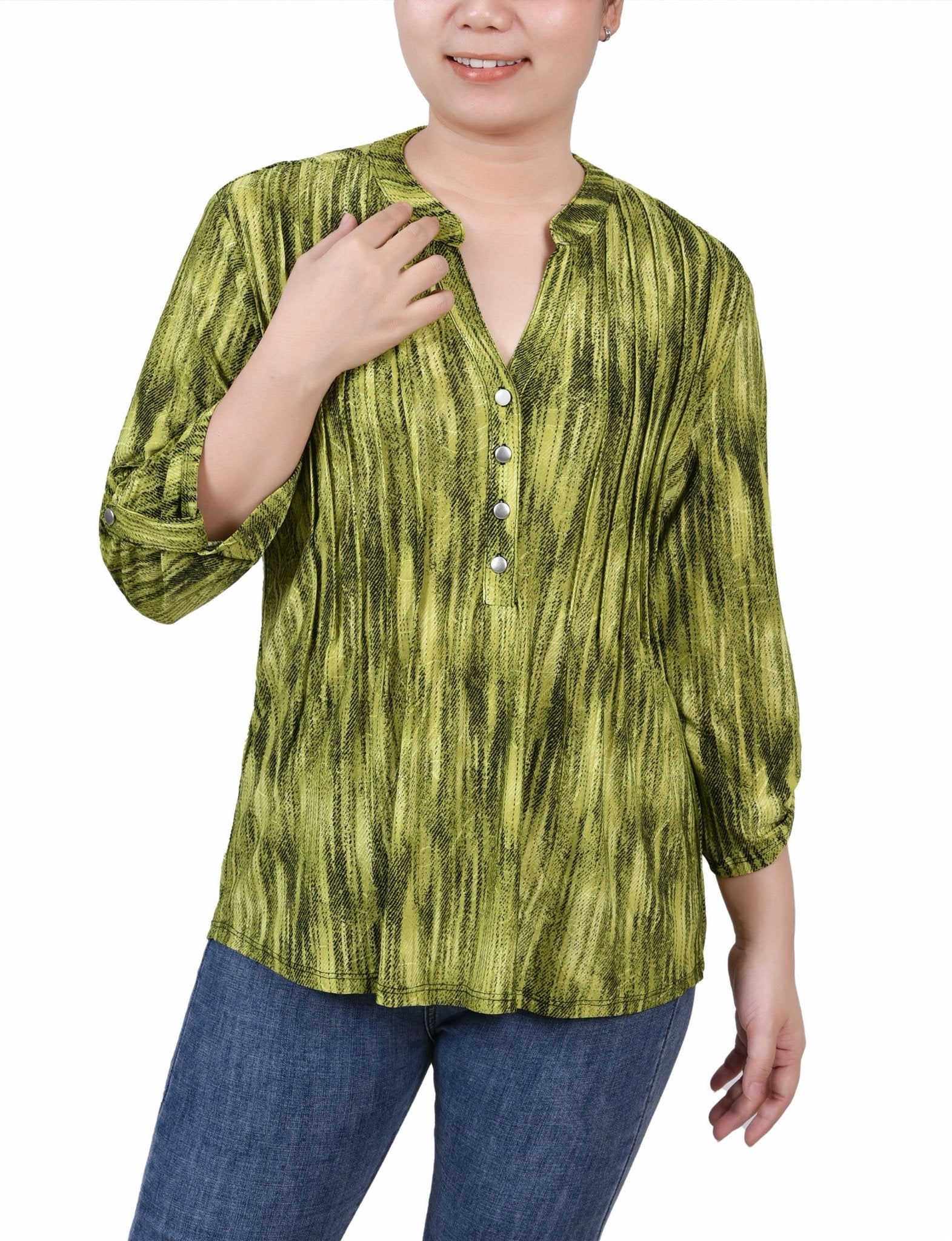Chartreuse 3/4 Sleeve Roll Tab Y Neck Top - DressbarnBlouses