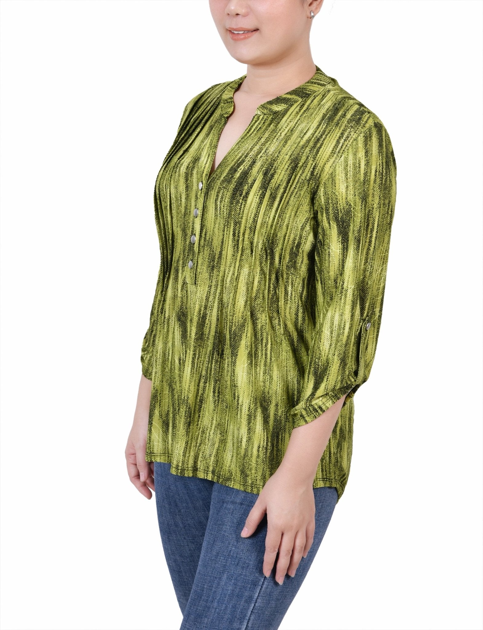 Chartreuse 3/4 Sleeve Roll Tab Y Neck Top - DressbarnBlouses