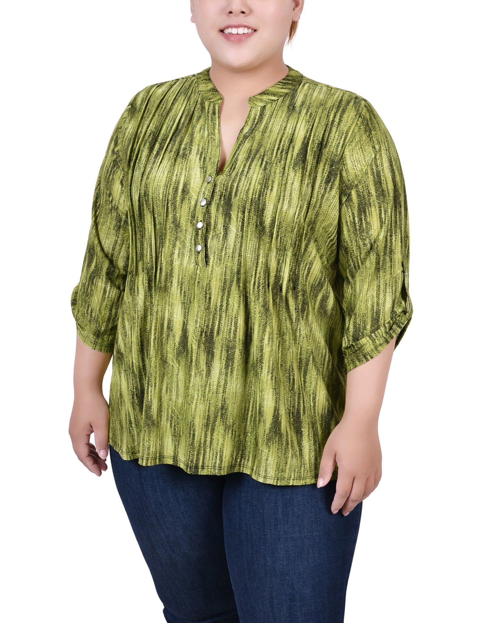 Chartreuse 3/4 Sleeve Roll Tab Y Neck Top - Plus - DressbarnBlouses