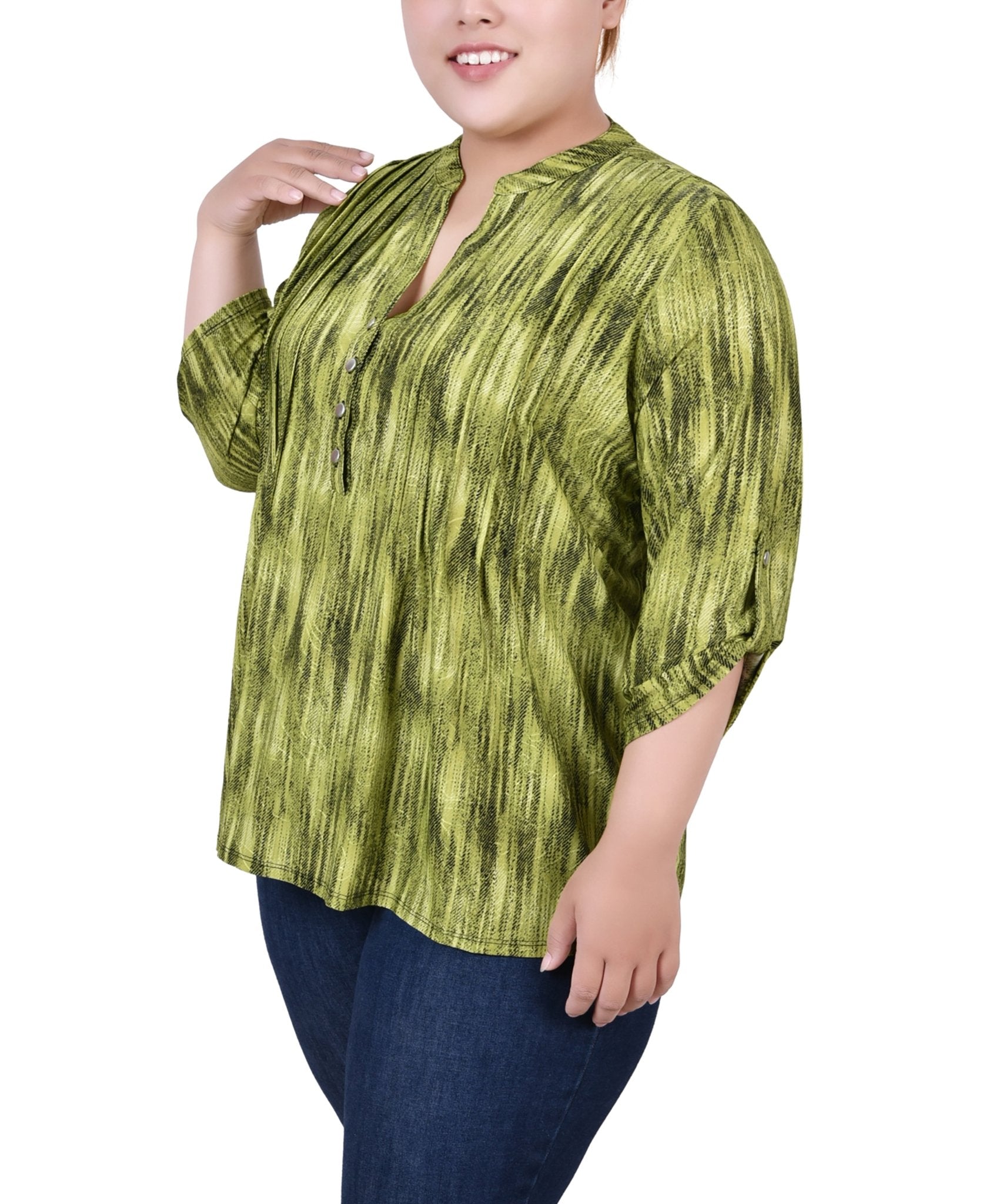 Chartreuse 3/4 Sleeve Roll Tab Y Neck Top - Plus - DressbarnBlouses