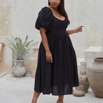 Cherie Puff Sleeve Linen Midi Dress - Plus - DressbarnClothing