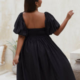 Cherie Puff Sleeve Linen Midi Dress - Plus - DressbarnClothing