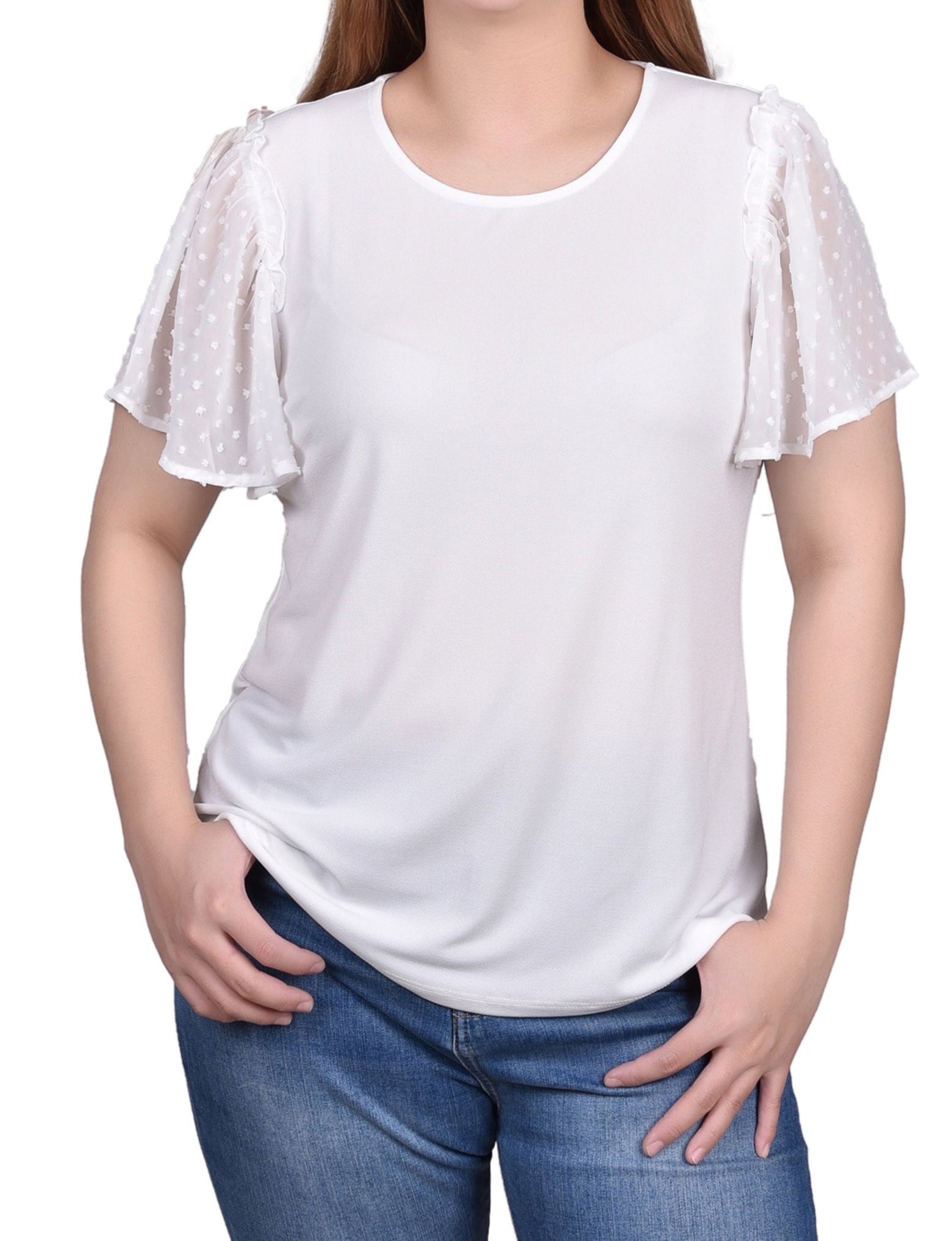 Clip Dot Flutter Sleeve Top - Petite - DressbarnShirts & Blouses