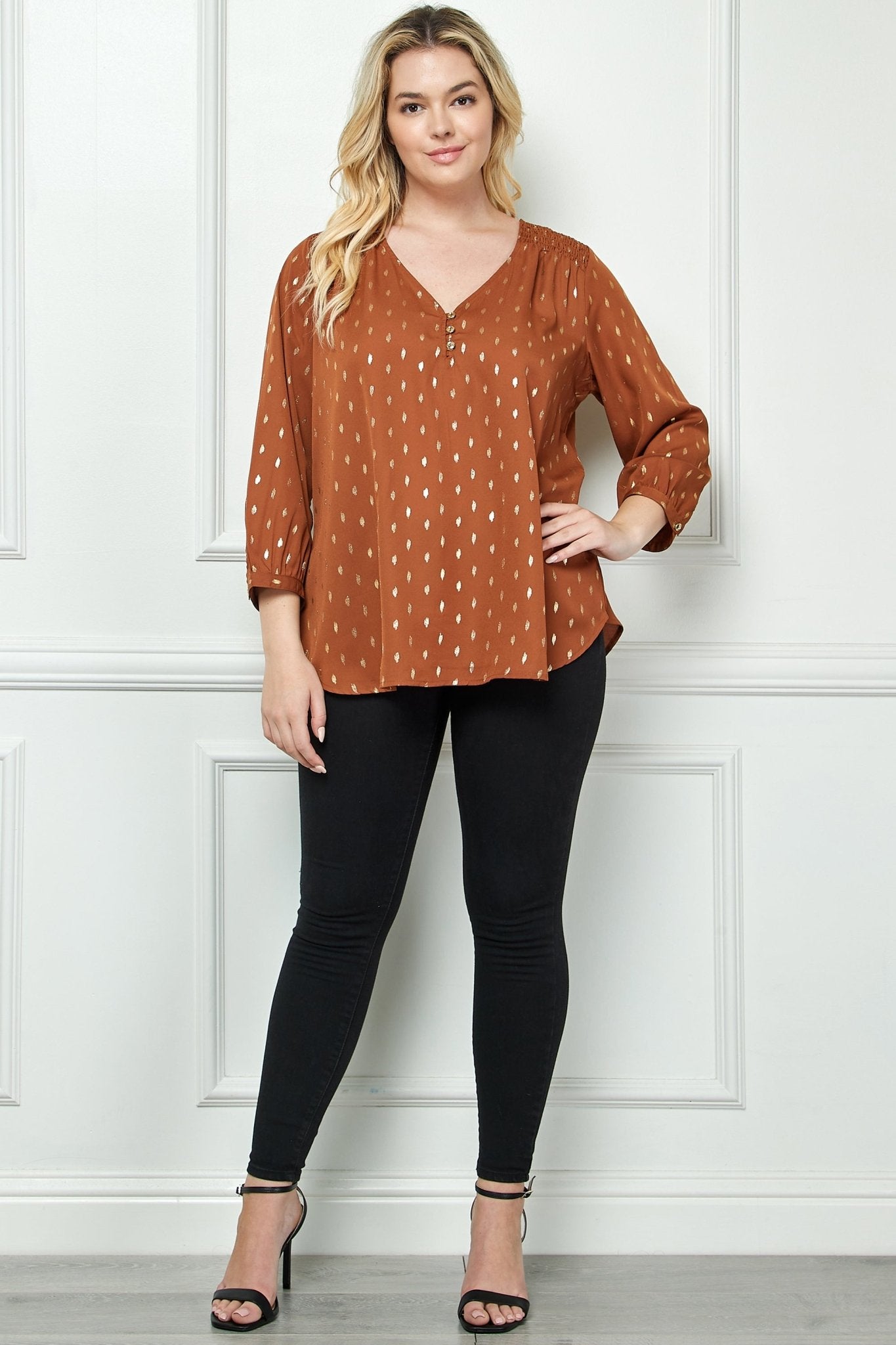 Cognac 3/4 Button Cuff Sleeve V - Neck Popover - Plus - DressbarnShirts & Blouses