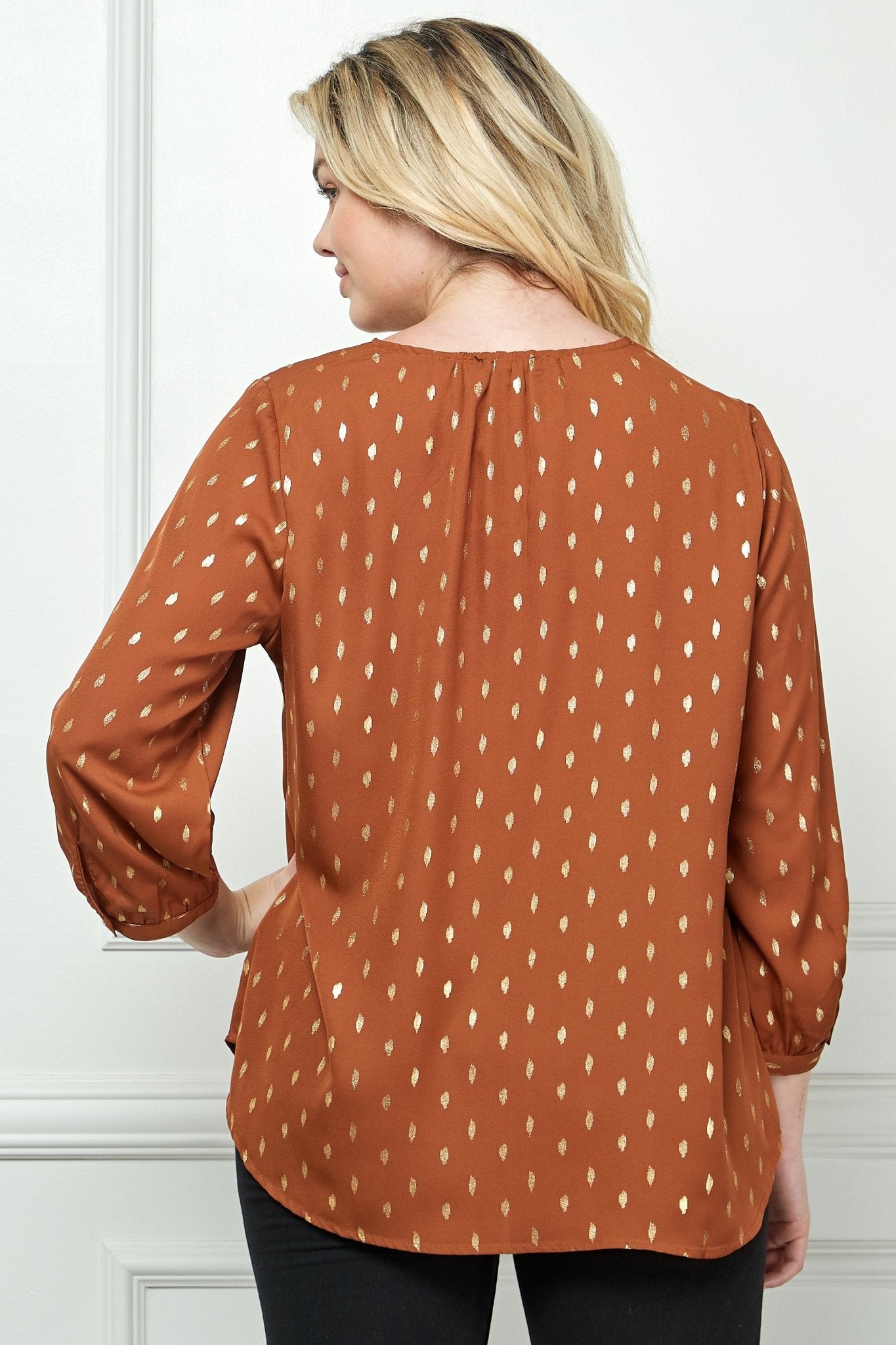 Cognac 3/4 Button Cuff Sleeve V - Neck Popover - Plus - DressbarnShirts & Blouses