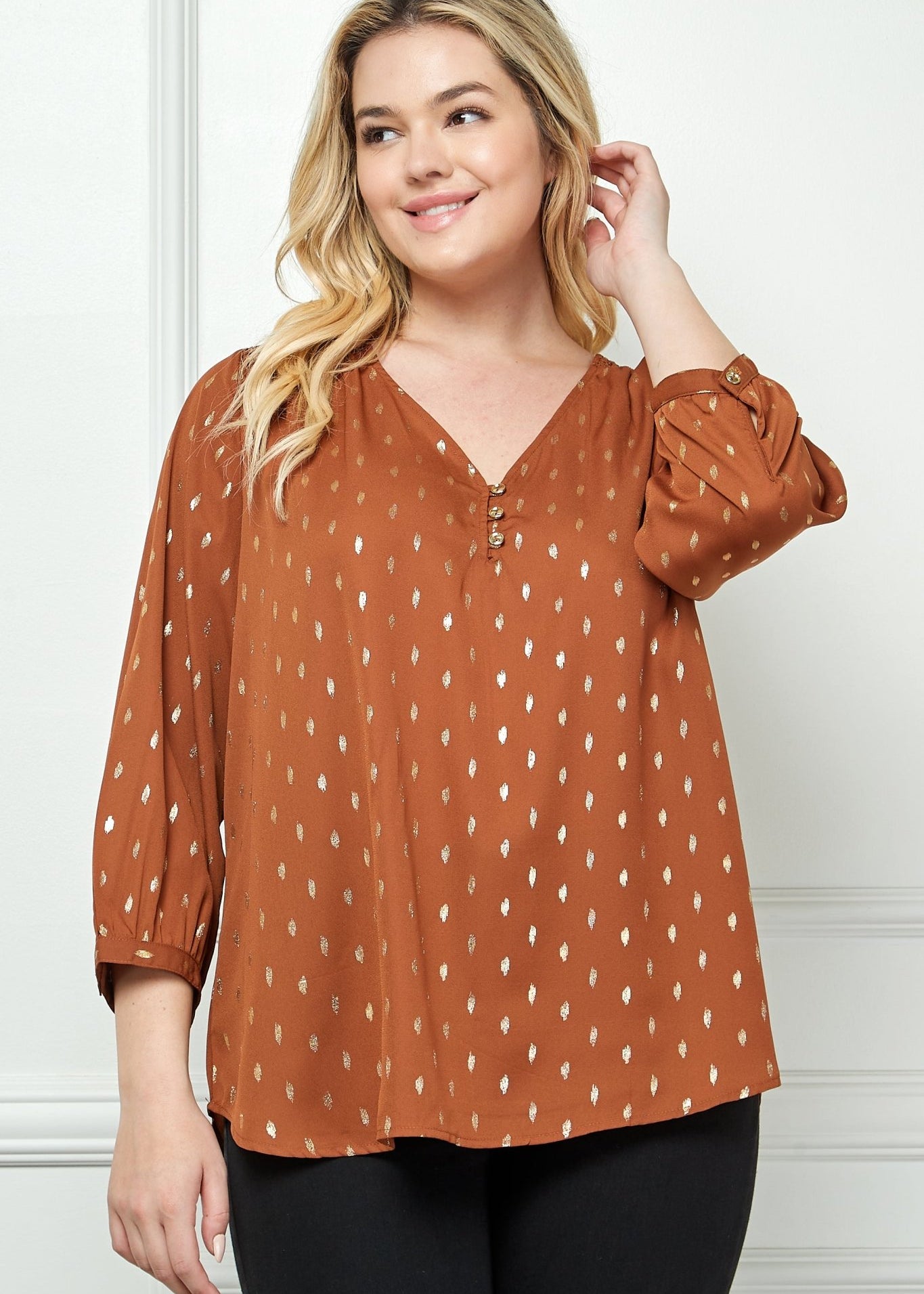 Cognac 3/4 Button Cuff Sleeve V - Neck Popover - Plus - DressbarnShirts & Blouses