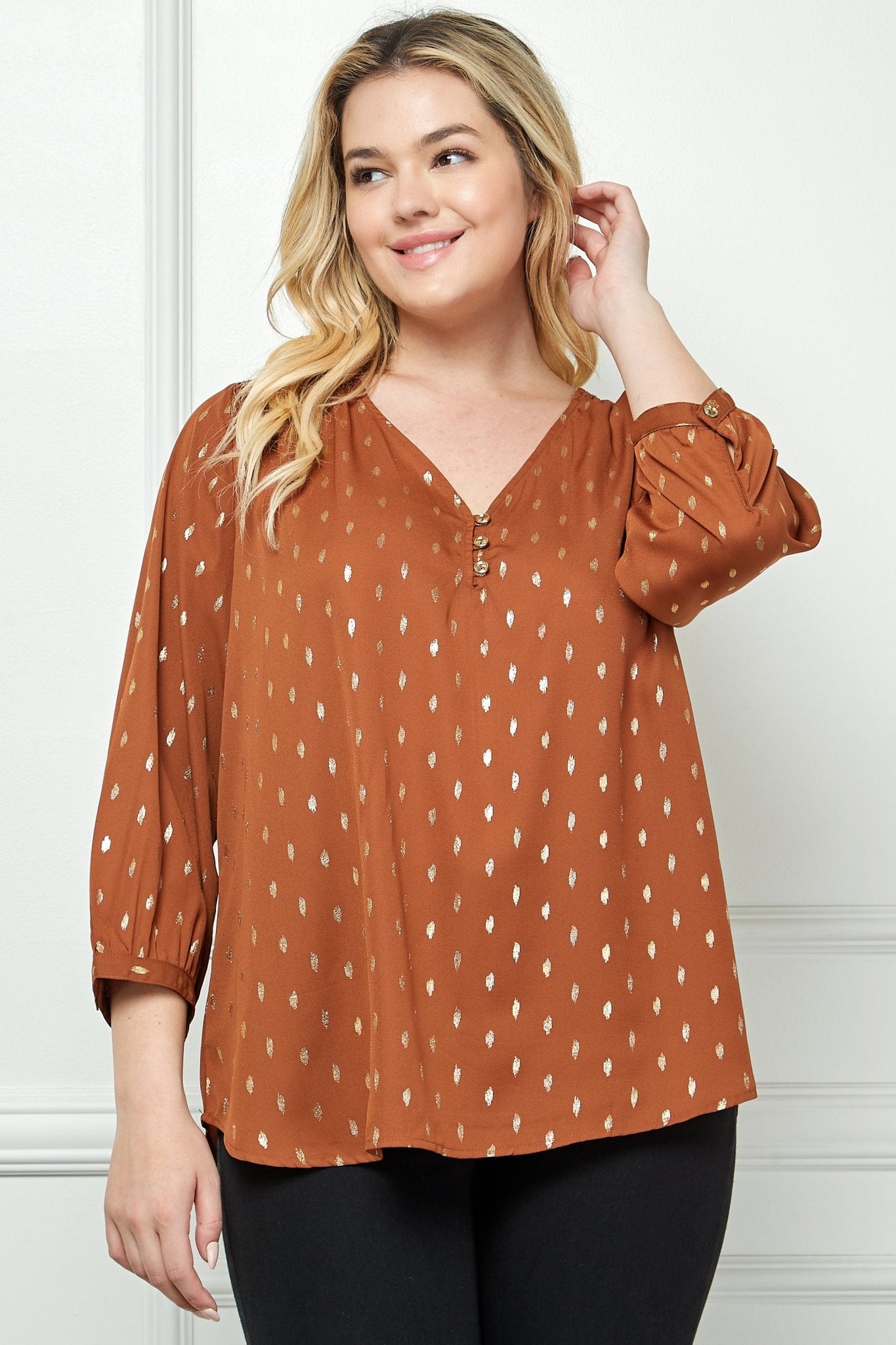 Cognac 3/4 Button Cuff Sleeve V - Neck Popover - Plus - DressbarnShirts & Blouses