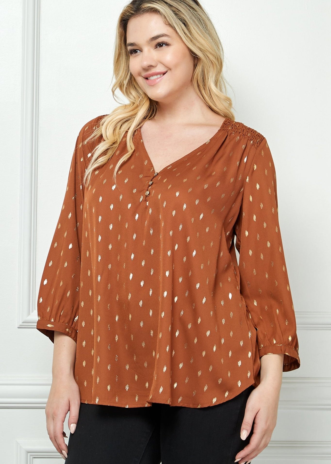 Cognac 3/4 Button Cuff Sleeve V - Neck Popover - Plus - DressbarnShirts & Blouses