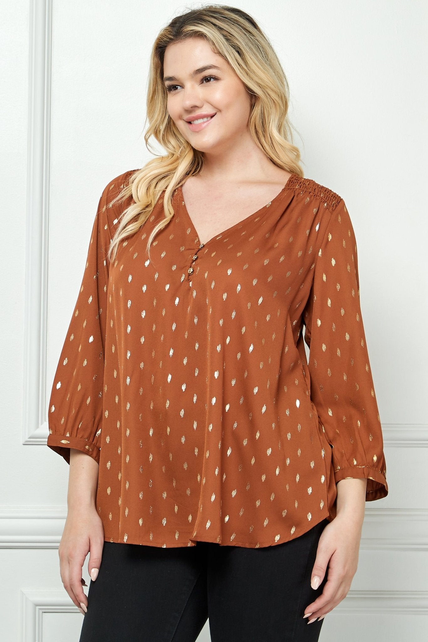 Cognac 3/4 Button Cuff Sleeve V - Neck Popover - Plus - DressbarnShirts & Blouses