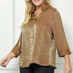 Cognac 3/4 Length Notch Sleeve Johnny Collar Button - Front Top - Plus - DressbarnShirts & Blouses