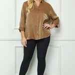 Cognac 3/4 Length Notch Sleeve Johnny Collar Button - Front Top - Plus - DressbarnShirts & Blouses