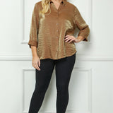 Cognac 3/4 Length Notch Sleeve Johnny Collar Button - Front Top - Plus - DressbarnShirts & Blouses