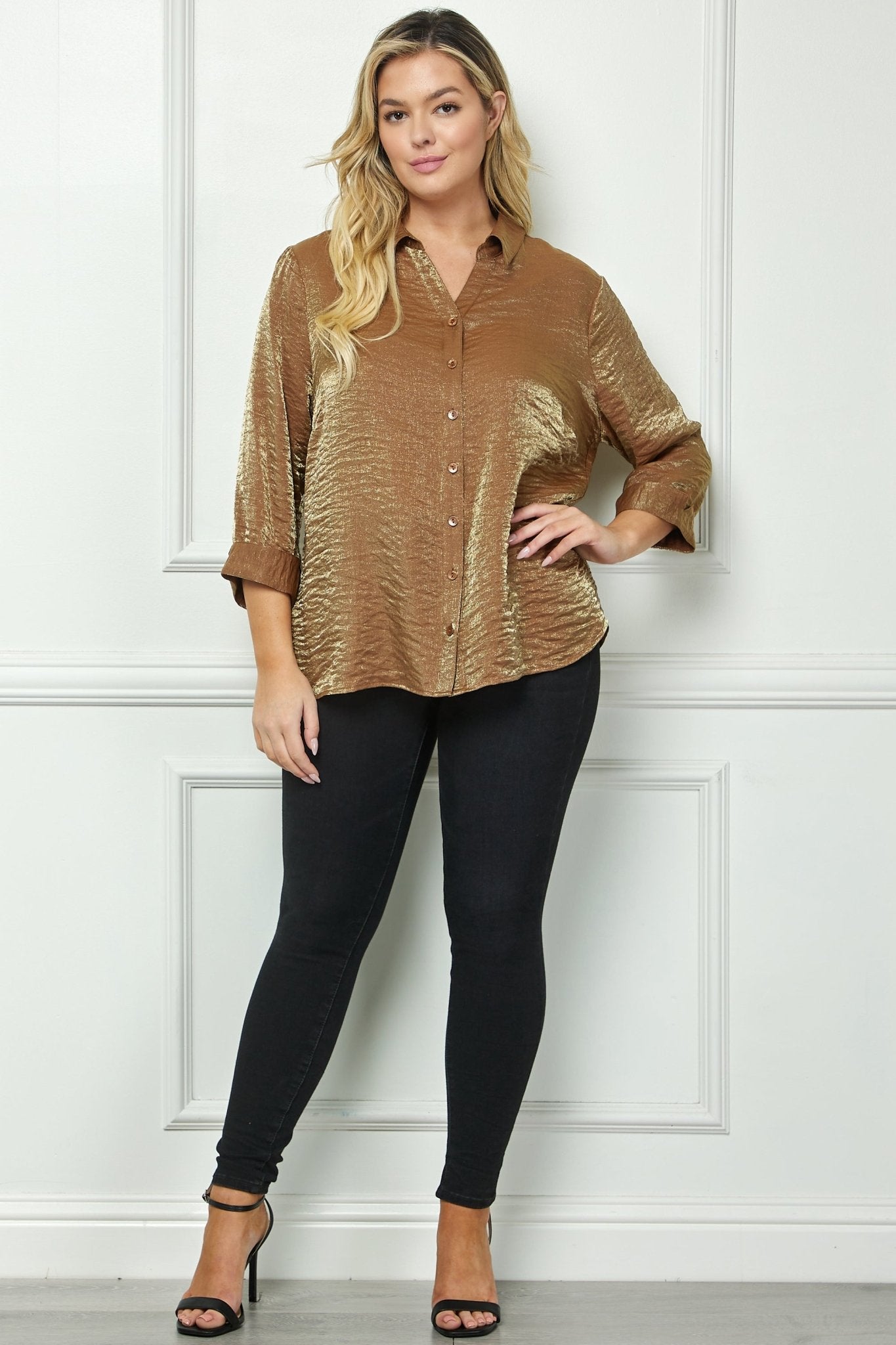 Cognac 3/4 Length Notch Sleeve Johnny Collar Button - Front Top - Plus - DressbarnShirts & Blouses