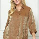 Cognac 3/4 Length Notch Sleeve Johnny Collar Button - Front Top - Plus - DressbarnShirts & Blouses