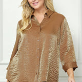 Cognac 3/4 Length Notch Sleeve Johnny Collar Button - Front Top - Plus - DressbarnShirts & Blouses