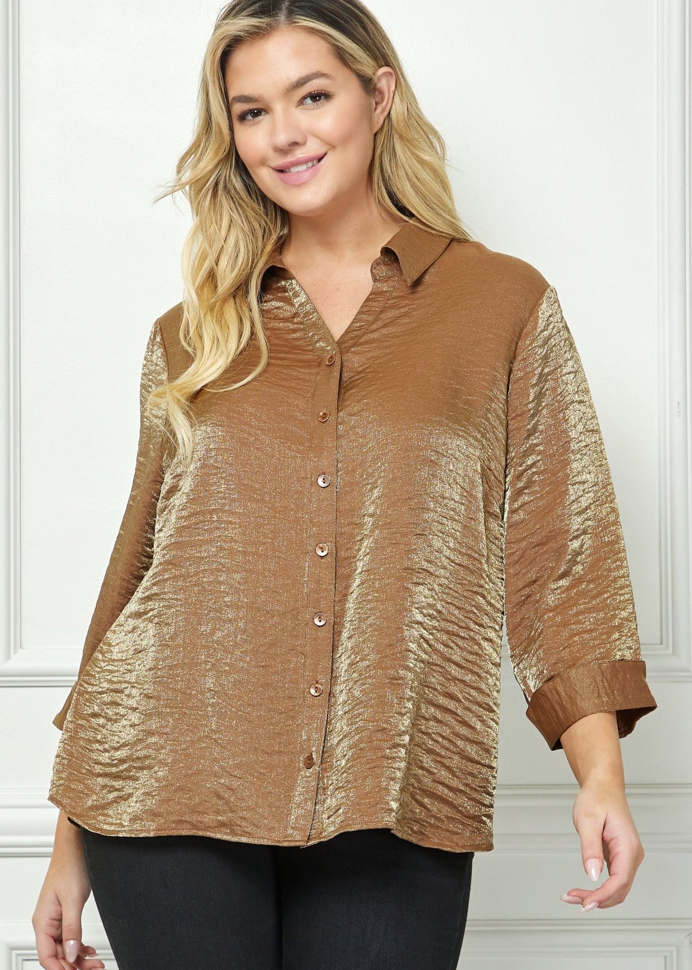 Cognac 3/4 Length Notch Sleeve Johnny Collar Button - Front Top - Plus - DressbarnShirts & Blouses