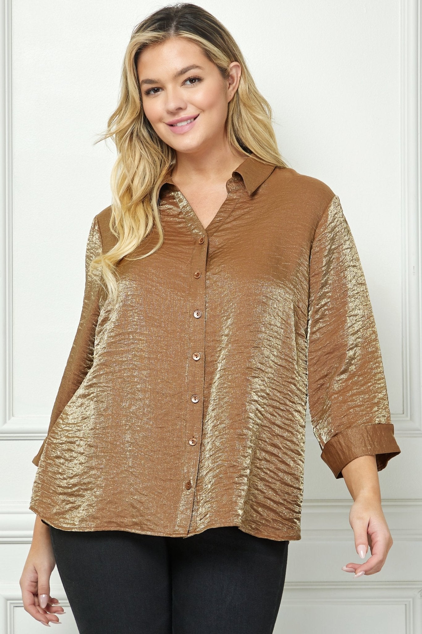 Cognac 3/4 Length Notch Sleeve Johnny Collar Button - Front Top - Plus - DressbarnShirts & Blouses