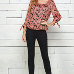 Coral & Black Floral 3/4 Sleeve Bubble Blouse - DressbarnShirts & Blouses