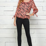 Coral & Black Floral 3/4 Sleeve Bubble Blouse - DressbarnShirts & Blouses