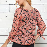 Coral & Black Floral 3/4 Sleeve Bubble Blouse - DressbarnShirts & Blouses