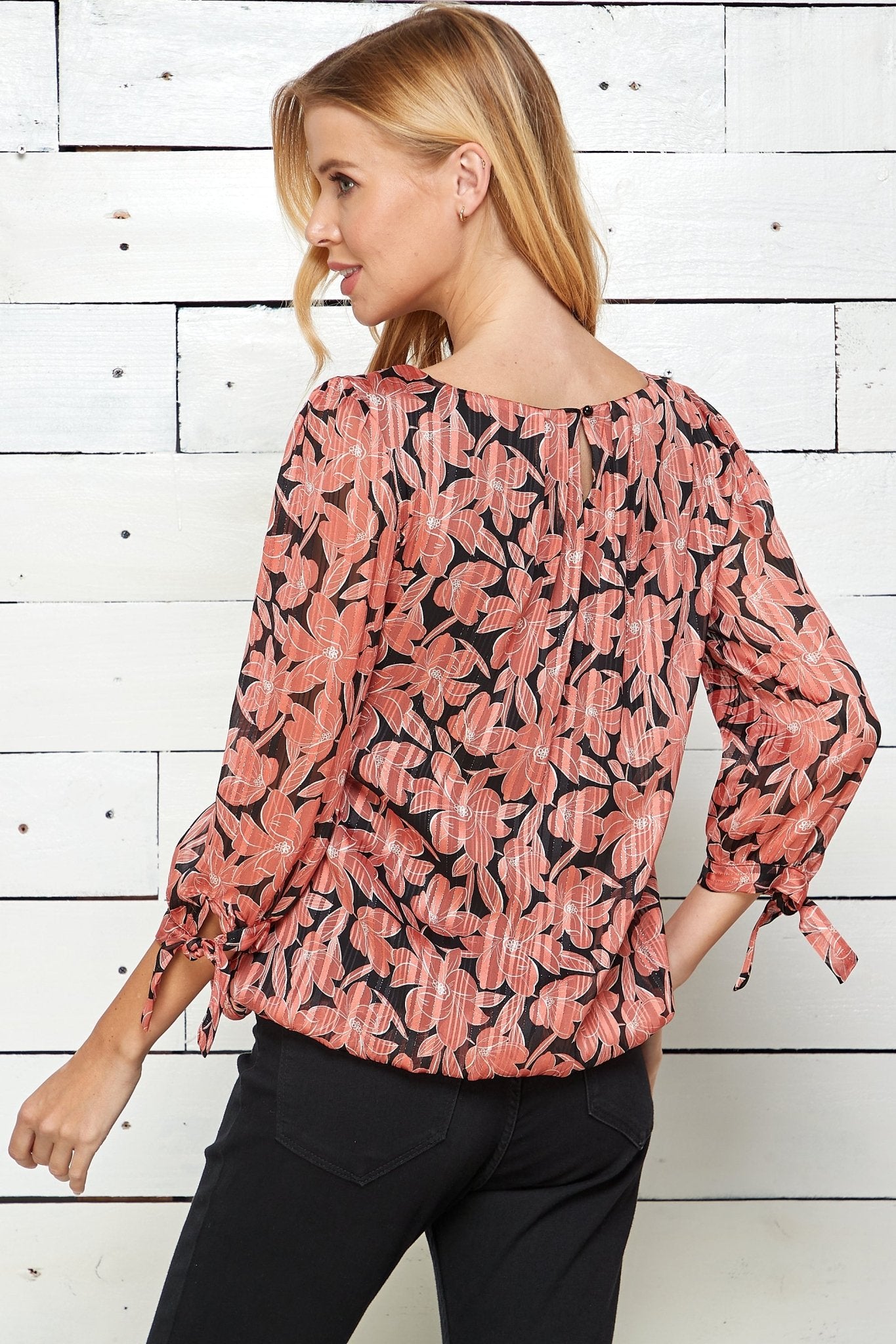Coral & Black Floral 3/4 Sleeve Bubble Blouse - DressbarnShirts & Blouses