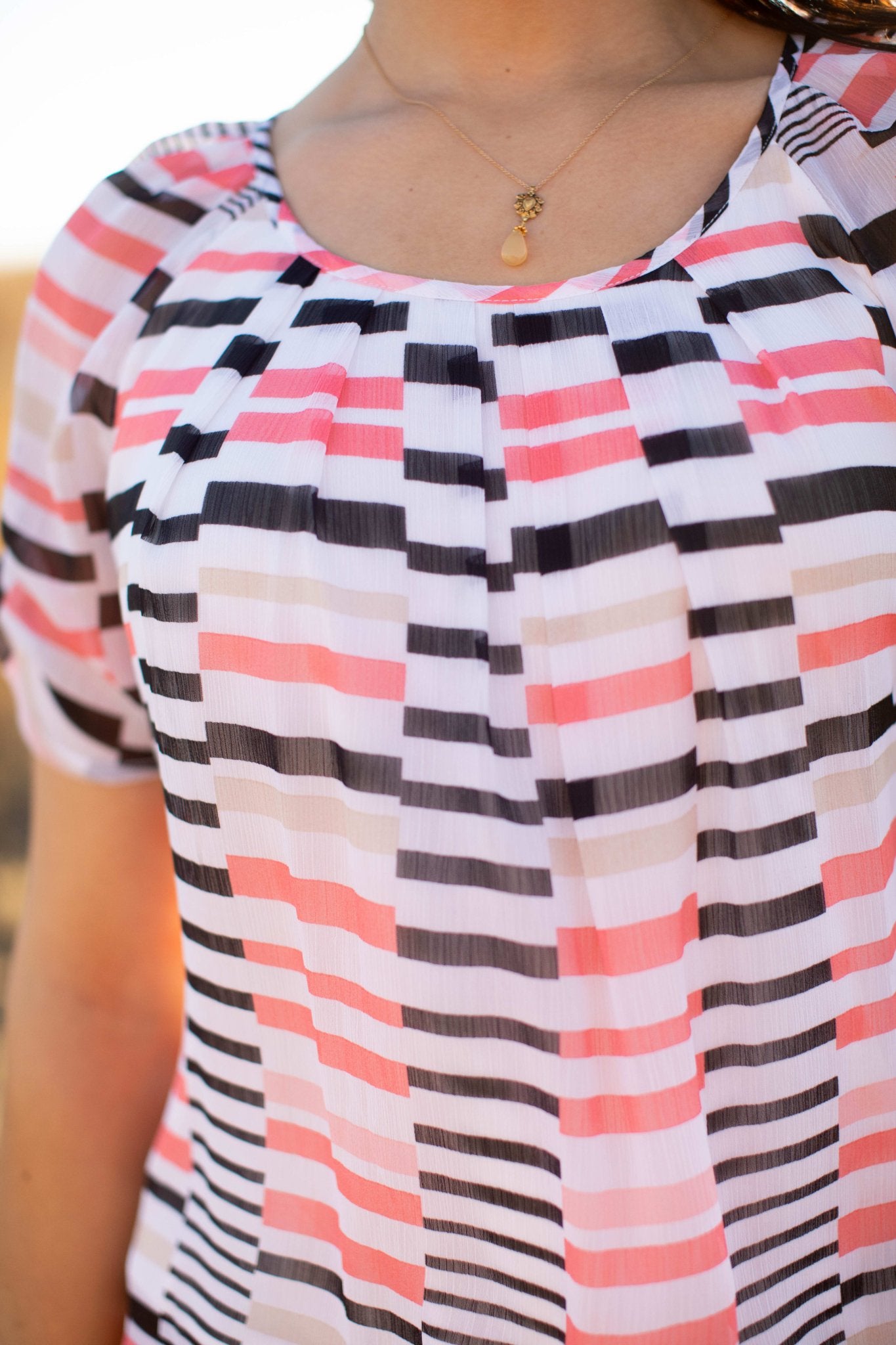 Coral Mixed Stripe Bubble Hem Blouse - DressbarnShirts & Blouses