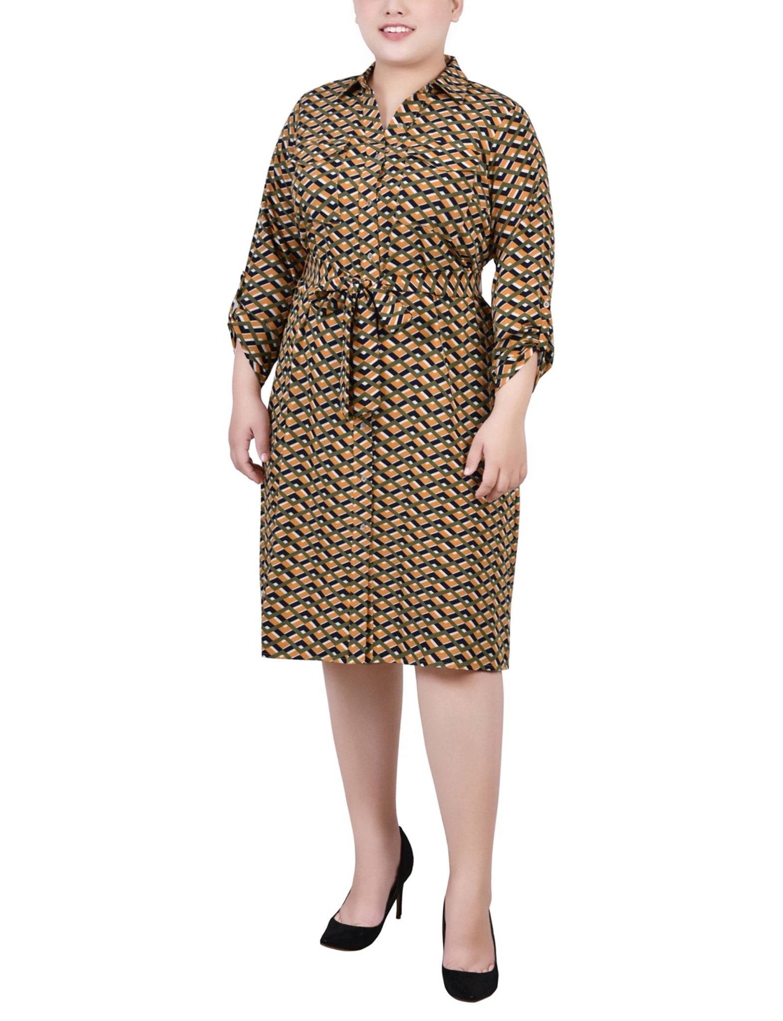 Cypress Inca Gold Navy Zigzag 3/4 Roll Tab Sleeve Belted Shirtdress