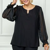 Long Ruffle Sleeve Cutout Removable Trim Fromt Boat Neck Mix Media Blouse - Plus