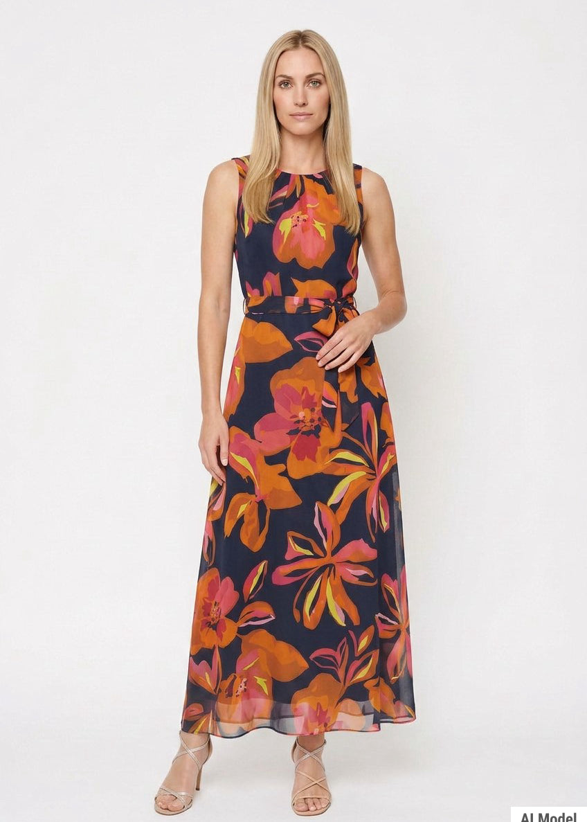 Blonde female model in a navy sleeveless chiffon maxi dress with bold orange and pink floral print, self-tie waist belt,