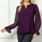 Long Ruffle Sleeve Cutout Removable Trim Fromt Boat Neck Mix Media Blouse