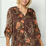 3/4 Button Tab Sleeve Mandarin Collar Button Front Placket Popover Lined Blouse with Lurex and Brown Studs - Plus