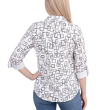 NY Collection 3/4 Sleeve Roll Tab Foil Print Blouse