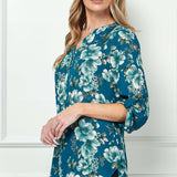 3/4 Button Tab Sleeve Button Placket Front Mandarin Collar Hi-Low Popover Blouse
