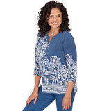 Alfred Dunner Floral Border Embroidered Split Neck Top- Petite