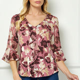 3/4 Ruffle Sleeve V-Neck Cascade Ruffle Front Mix Media Blouse