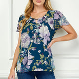 Short Flutter Sleeve Cutout Trim Front Pleat Scoop Neck Lined Blouse