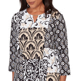 Alfred Dunner Geometric Scroll Patchwork Split Neck Top- Petite