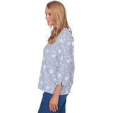 Alfred Dunner Puff Print Pinstripe Embroidered Button Down Top