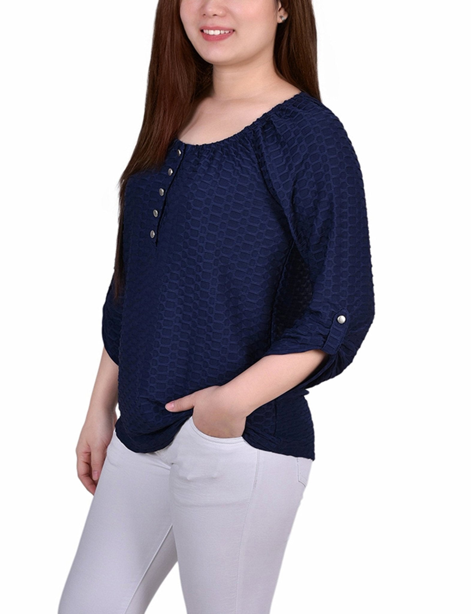 Dark Blue 3/4 Sleeve Blouse With Necklace - Petite - DressbarnBlouses