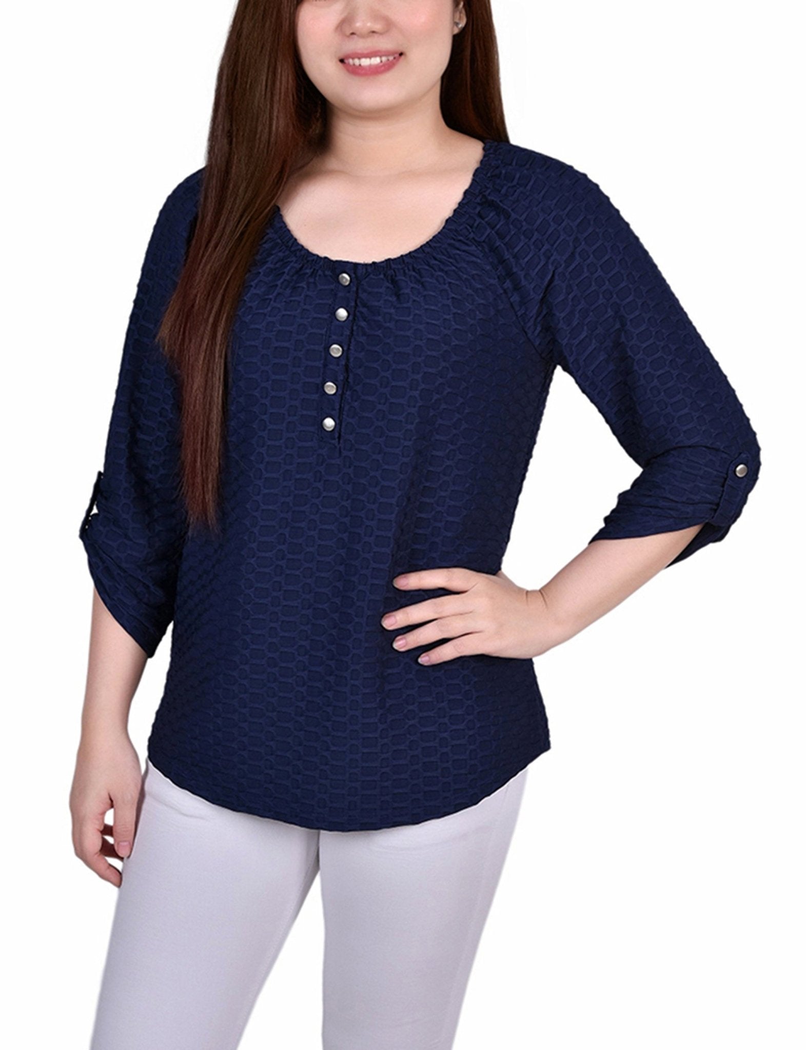 Dark Blue 3/4 Sleeve Blouse With Necklace - Petite - DressbarnBlouses