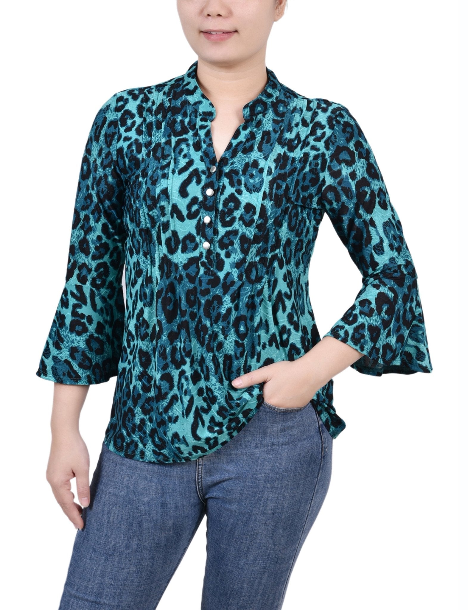 Dark Teal Skin 3/4 Bell Sleeve Pleat Front Y Neck Top - Petite - DressbarnBlouses