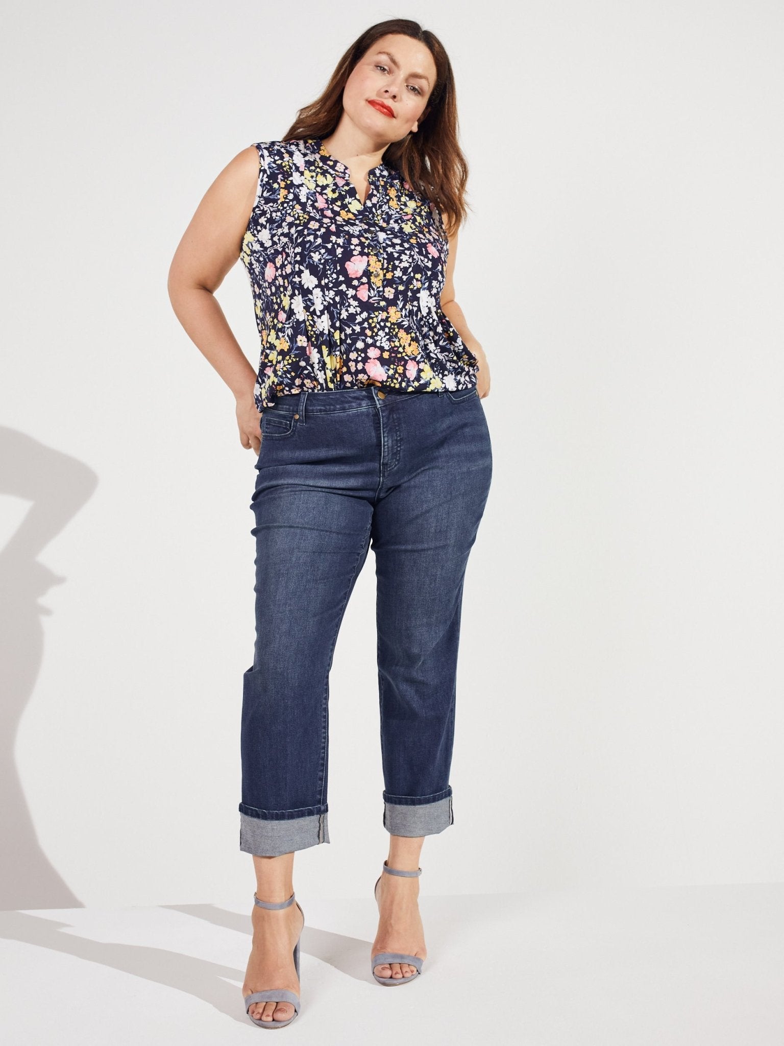 Dark Wash Plus Signature Girlfriend 5 Pocket Denim Jean With Selvedge Cuff Jeans - DressbarnClothing