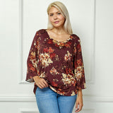 3/4 Flare Sleeve Cutout Trim Mix Media Blouse in Burgundy - Plus