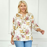 3/4 Elastic Cuff Sleeve Mandarin Collar Popover Blouse in Cream - Plus