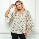 3/4 Ruffle Sleeve V-Neck Dash Foil Print Blouse in Beige - Plus