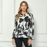 Long Ruffle Sleeve Cutout Trim Front Neck Mix Media Blouse