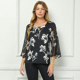 3/4 Flare Sleeve Cutout Trim Front Neck Swing Blouse in Black