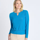 V-Neck Bar Trim Banded Top, Mykonos Blue