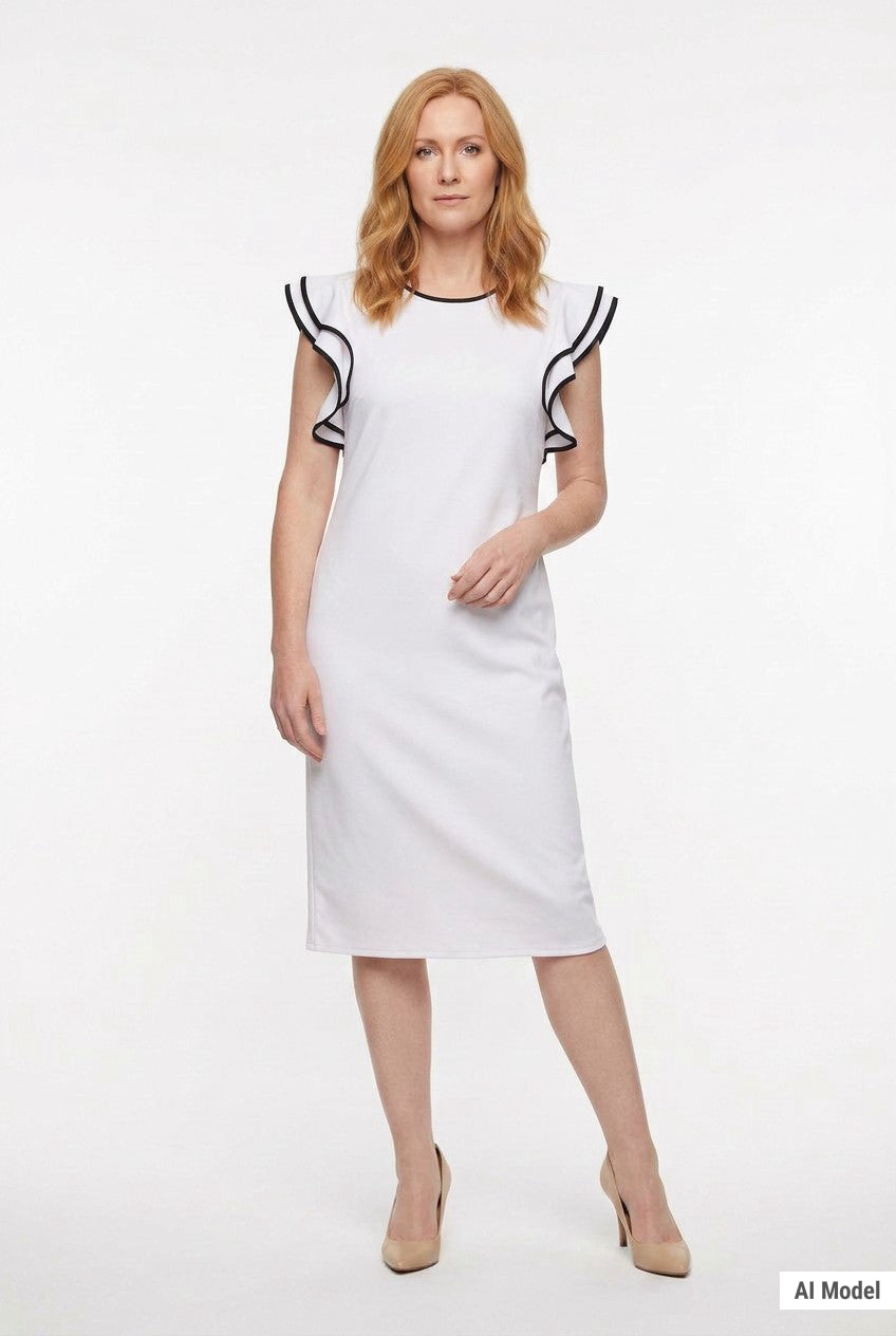 White sheath dress with double ruffle sleeves and black contrast tipping at neckline, worn by a red-haired woman, full front