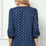 3/4 Button Tab Sleeve Button Placket Front V-Neck Popover Blouse with Diamond Foil Overlay
